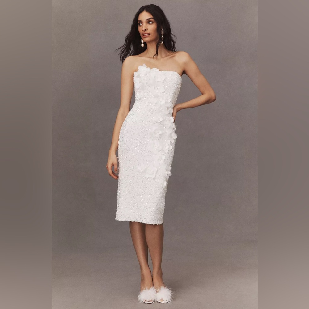 Liliana White Strapless Midi Dress with Floral Appliqué
